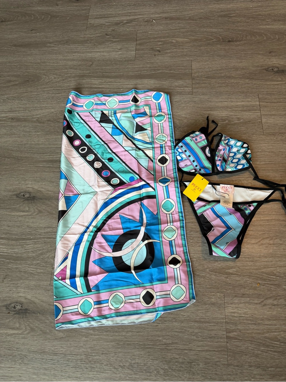 Emilio Pucci Pink, Blue & Mint Geometric Bikini Set with Wrap